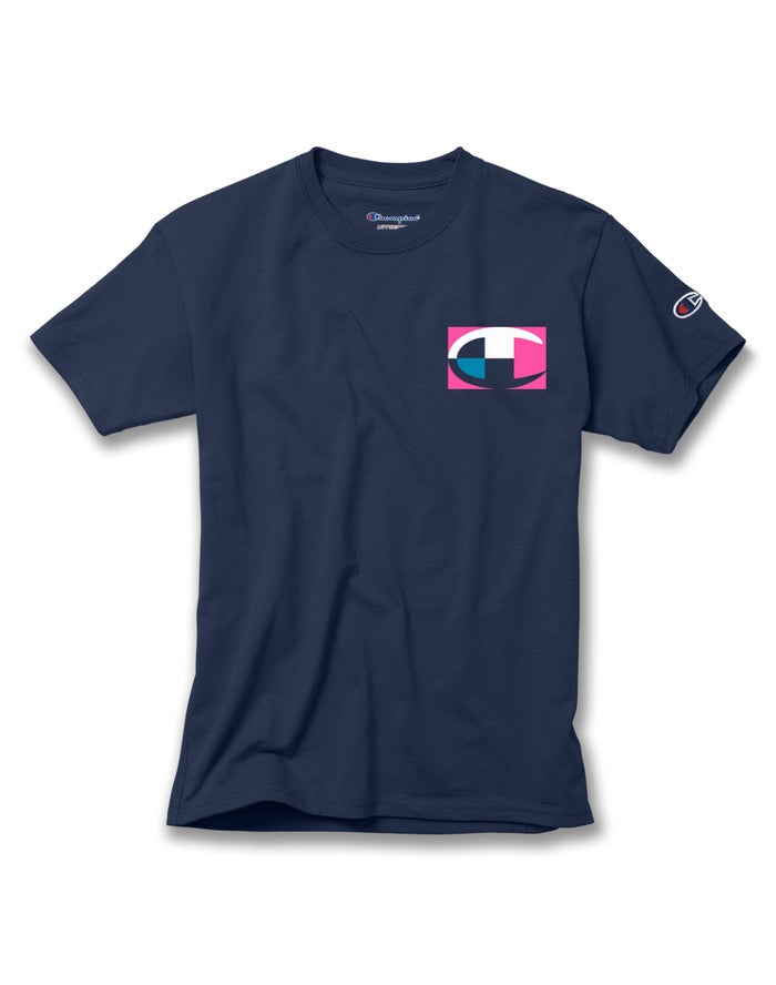 Champion Boys T-Shirt NZ - Cotton Retro Colorblock Logos Navy ( 2041-RPUXN )